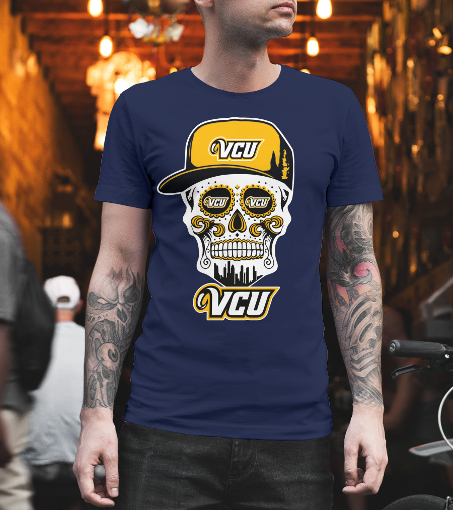 Vcu Rams Dia De Los Muertos Skull With Iconic Cap And Skyline T-Shirt