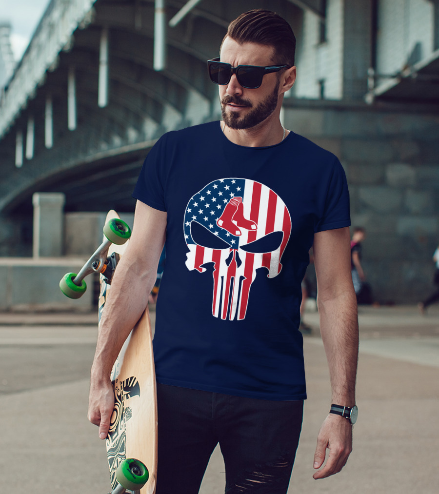 Boston Red Sox Skull American Flag Socks Crossover T-Shirt