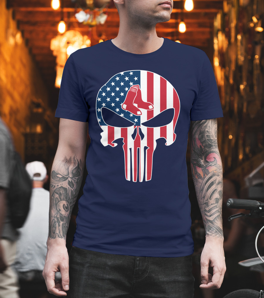 Boston Red Sox Skull American Flag Socks Crossover T-Shirt