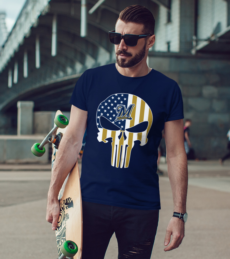 Milwaukee Brewers Punisher Skull American Flag T-Shirt