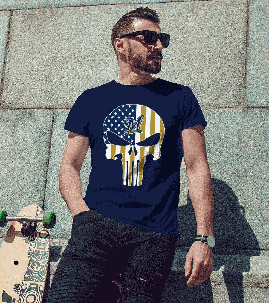 Milwaukee Brewers Punisher Skull American Flag T-Shirt