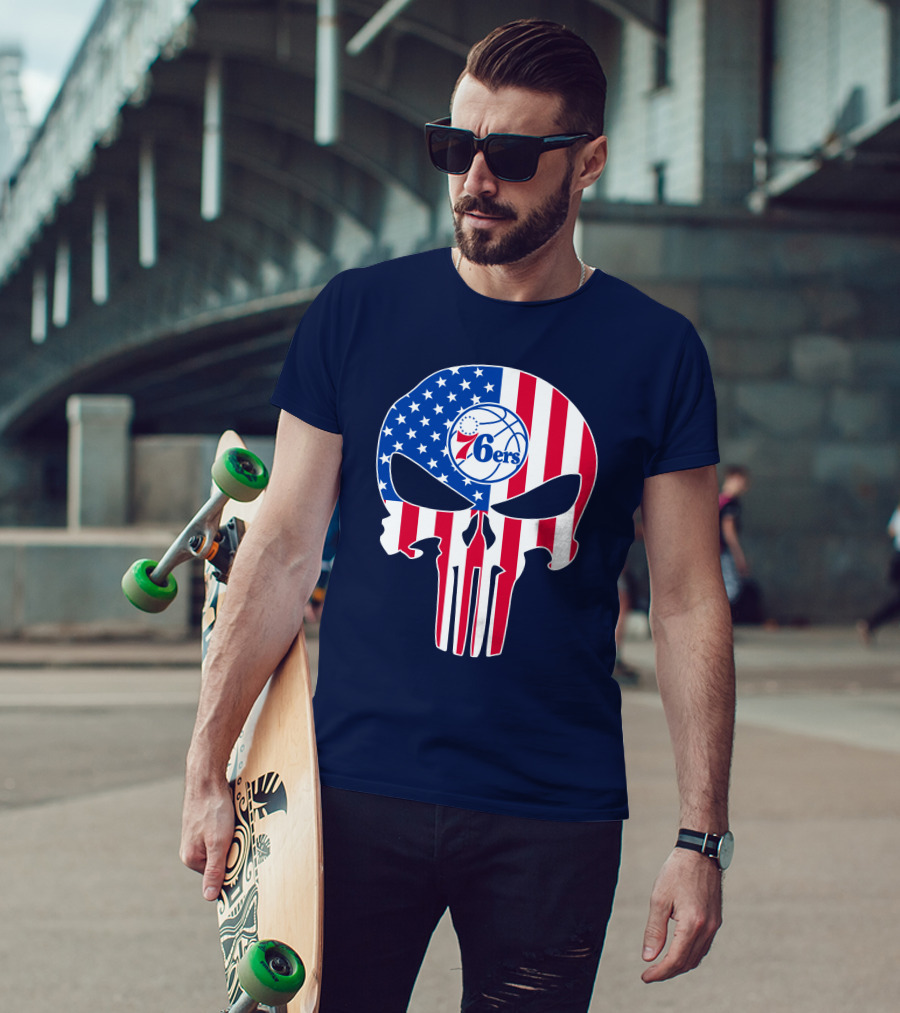 Philadelphia 76ers American Flag Punisher Style Skull T-Shirt