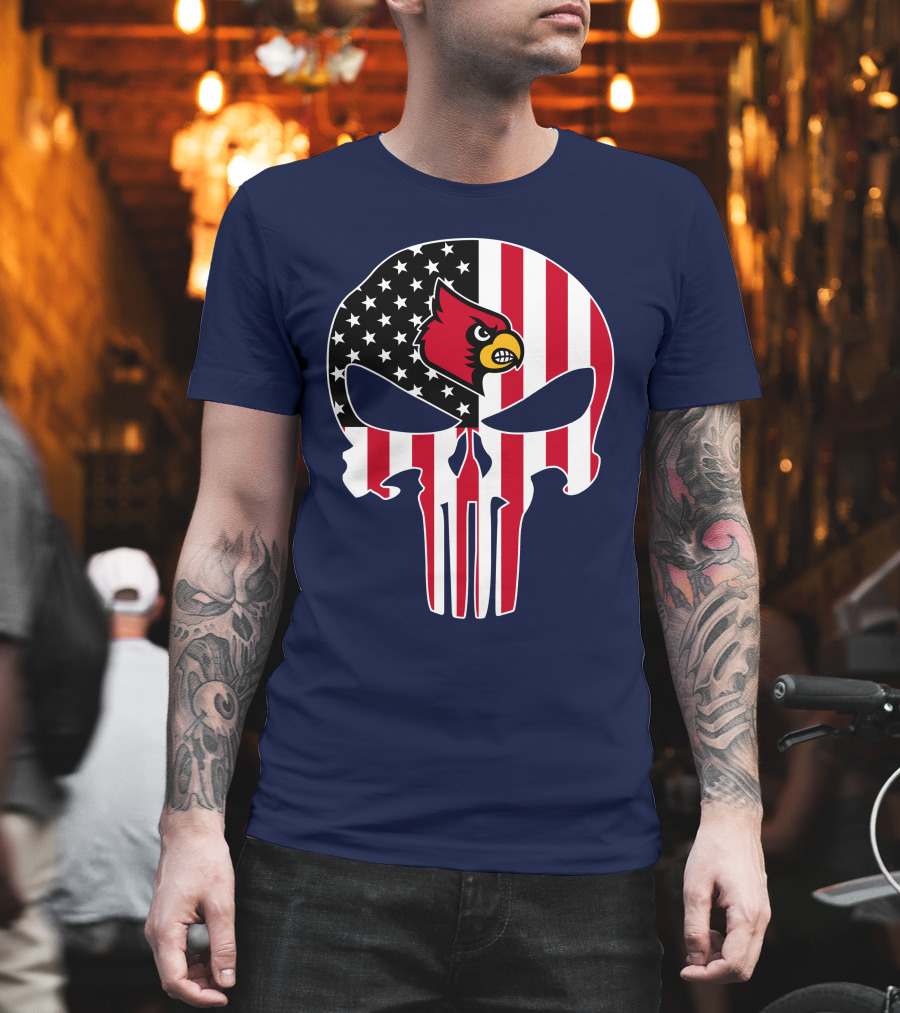American Flag Punisher Skull Louisville Cardinals T-Shirt