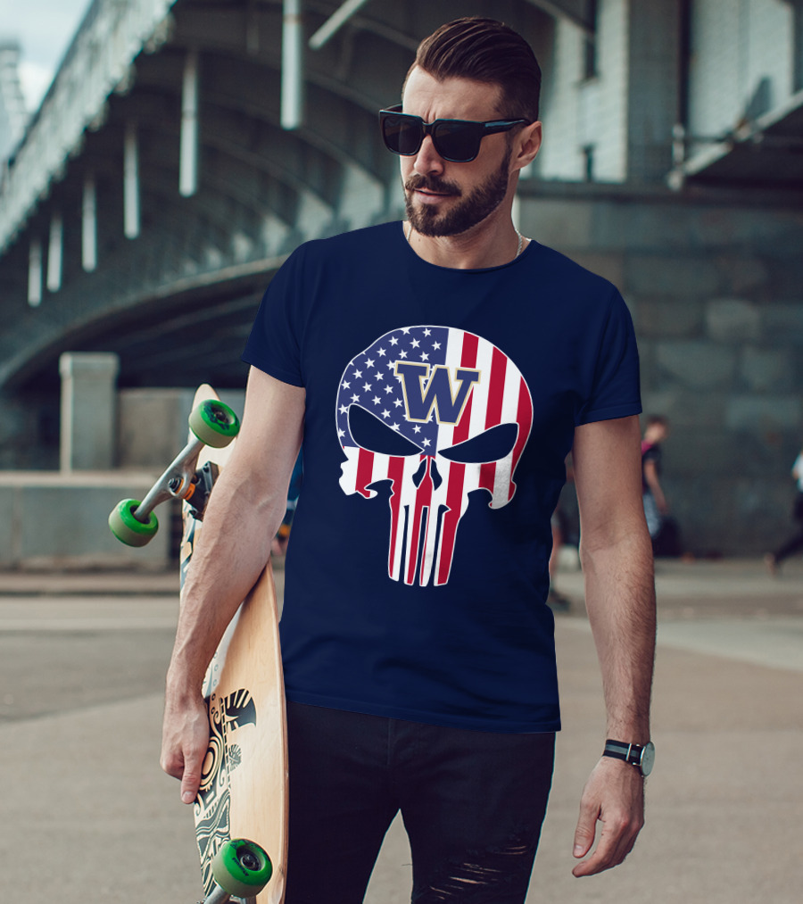 Washington Huskies The Punisher American Flag Skull W T-Shirt
