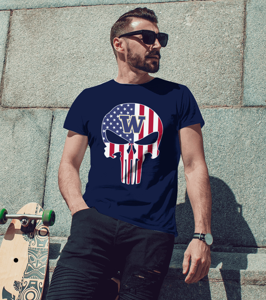 Washington Huskies The Punisher American Flag Skull W T-Shirt