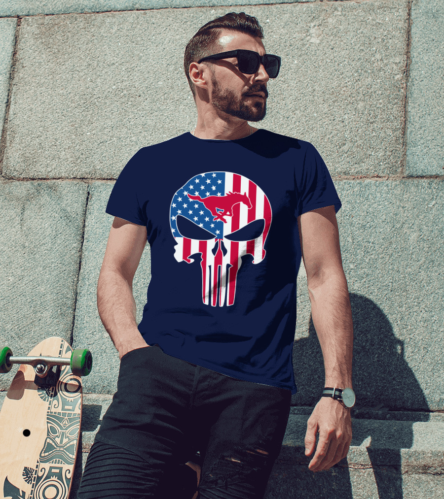 Smu Mustangs The Punisher American Flag Skull Iconic Symbol T-Shirt