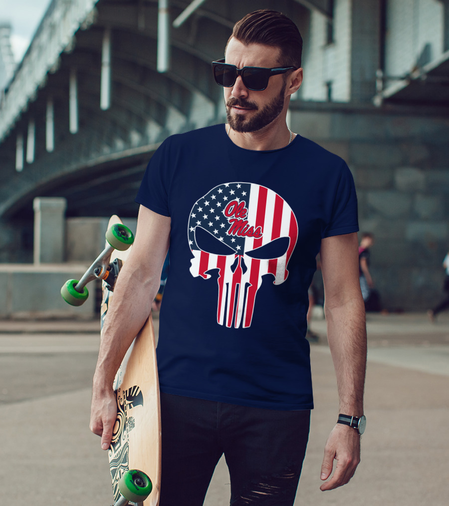 Ole Miss Rebels American Flag Punisher Skull T-Shirt