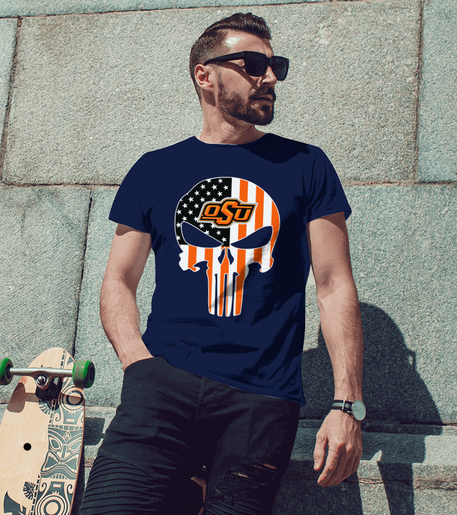 Oklahoma State Cowboys 32 Punisher Skull Osu American Flag T-Shirt