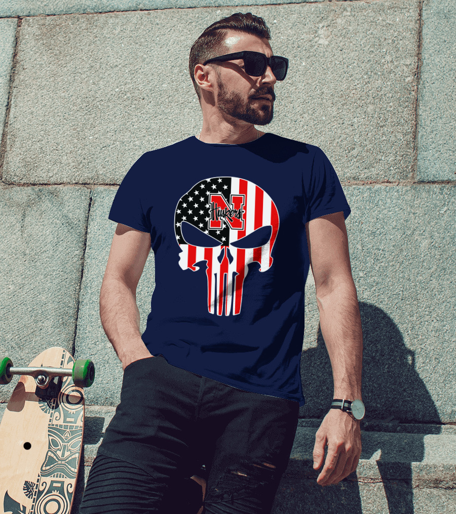 Nebraska Cornhuskers Punisher Skull American Flag T-Shirt