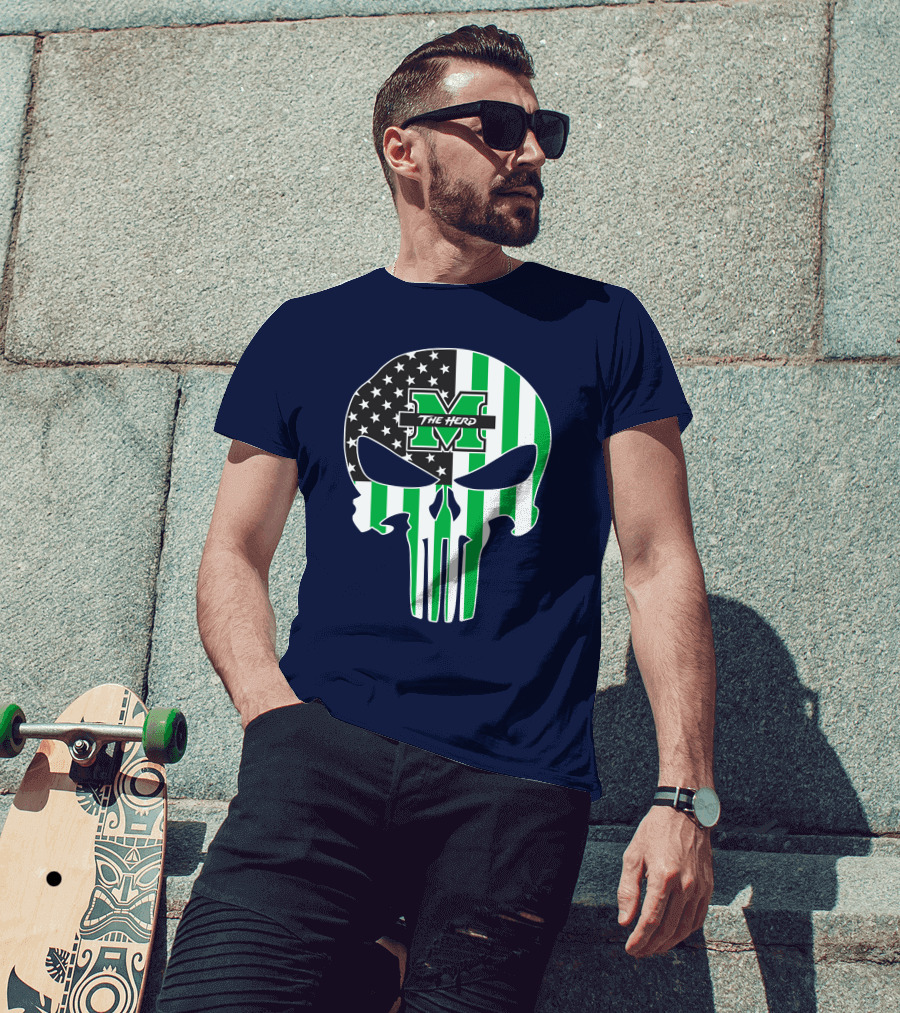 Marshall Thundering Herd The Punisher American Flag Skull T-Shirt