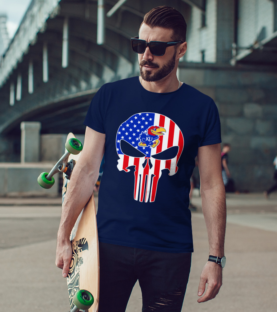 Kansas Jayhawks The Punisher American Flag Skull T-Shirt