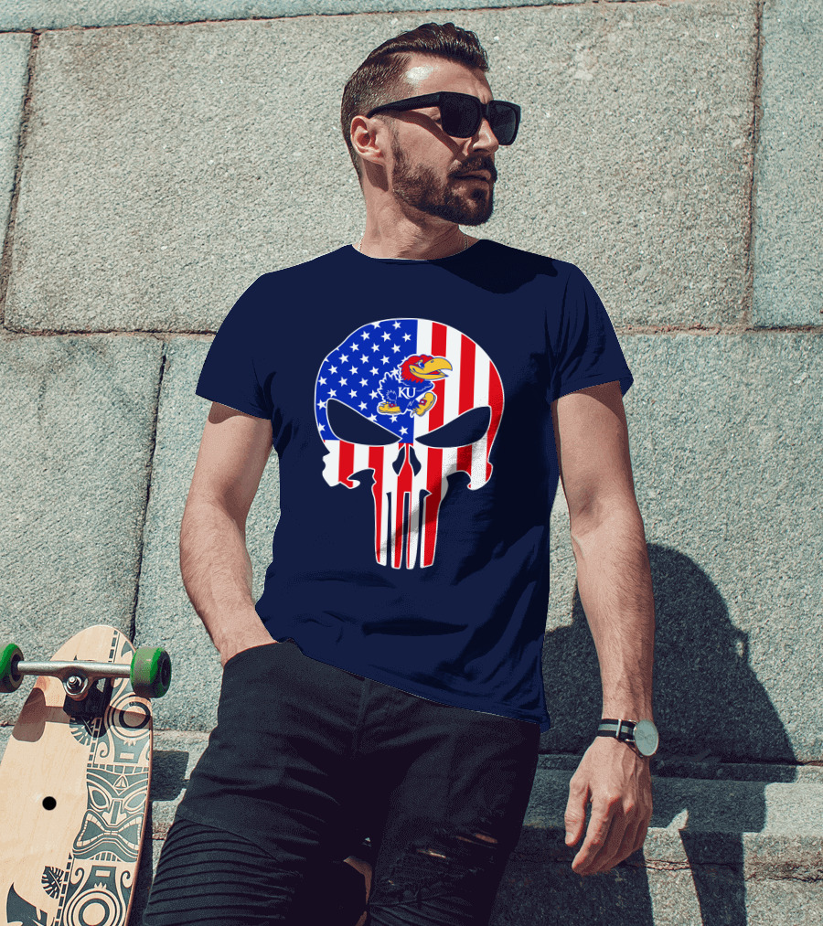 Kansas Jayhawks The Punisher American Flag Skull T-Shirt