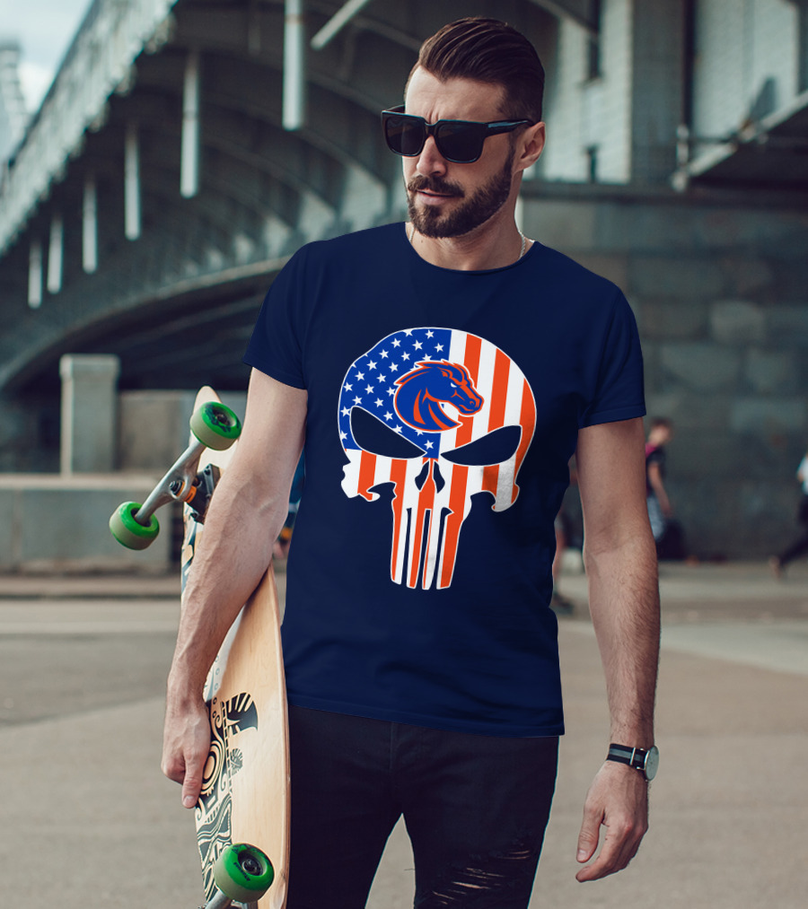Boise State Broncos The Punisher American Flag Skull T-Shirt