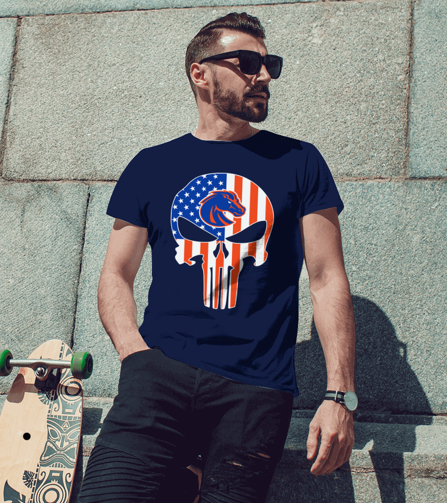 Boise State Broncos The Punisher American Flag Skull T-Shirt