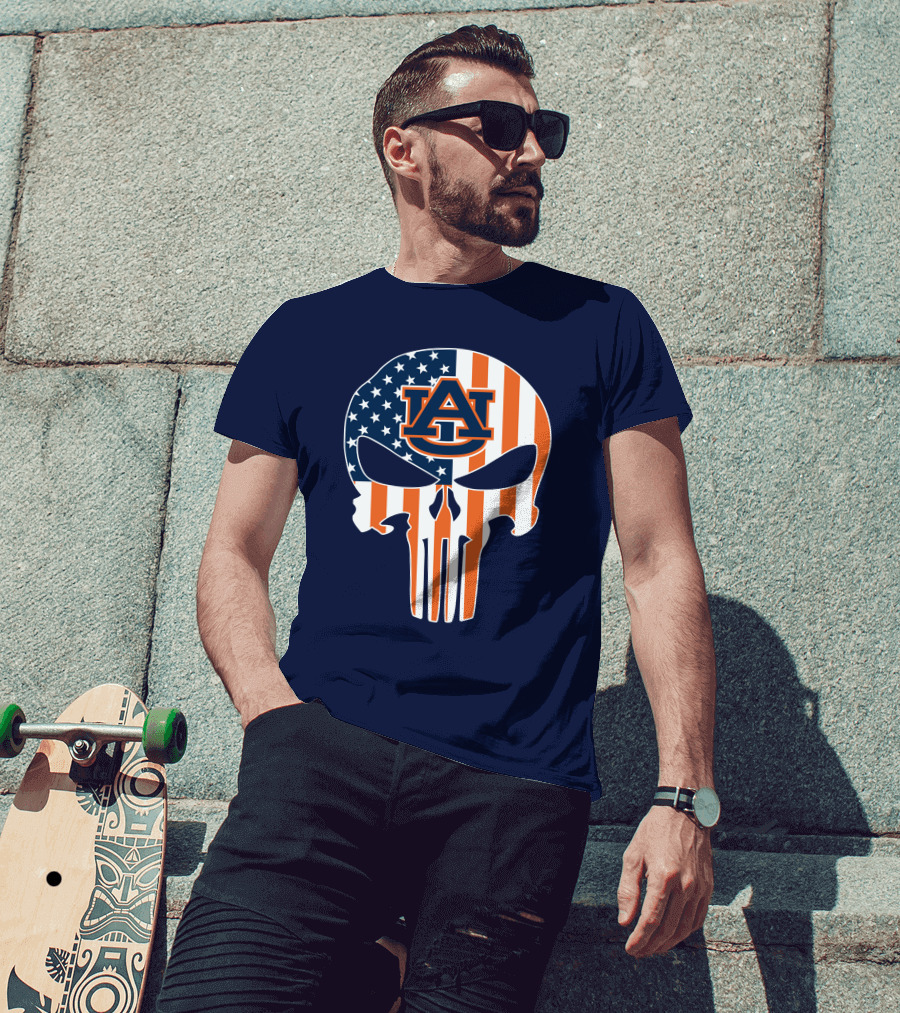 Auburn Au Logo American Flag Punisher Skull T-Shirt