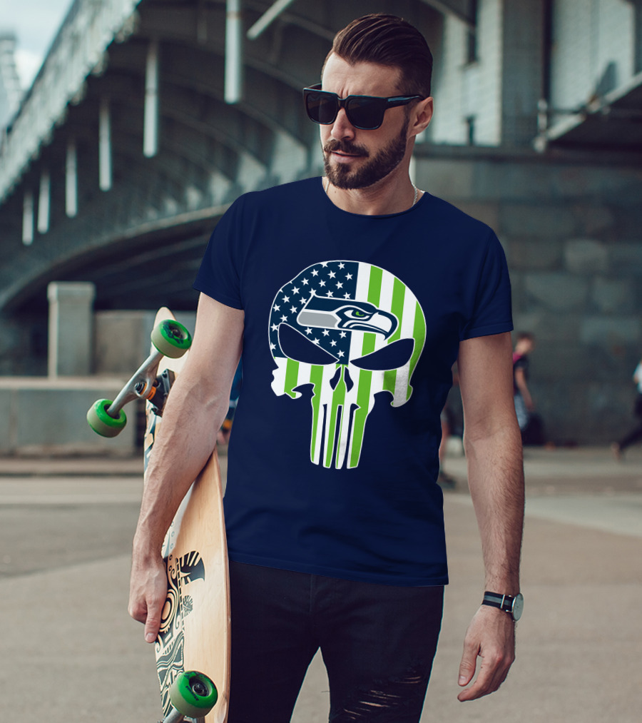 Seattle Seahawks The Punisher Skull American Flag T-Shirt