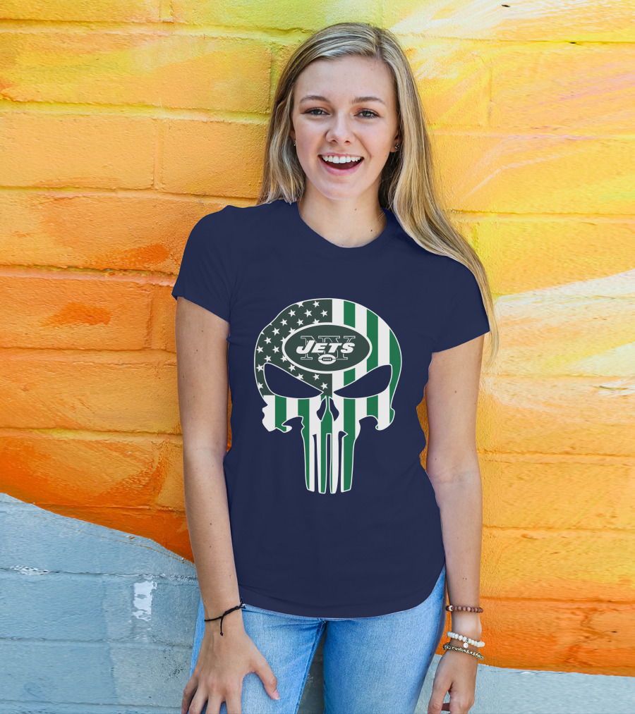 New York Jets Punisher Skull American Flag T-Shirt