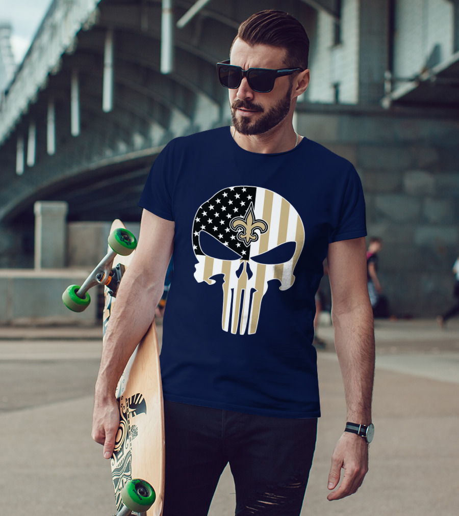 New Orleans Saints The Punisher American Flag Skull Fleur-De-Lis T-Shirt