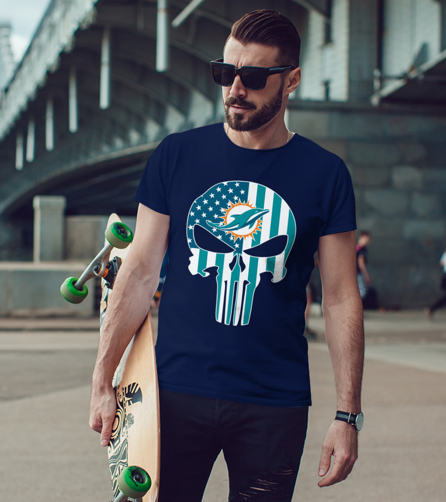Miami Dolphins The Punisher American Flag Skulls T-Shirt