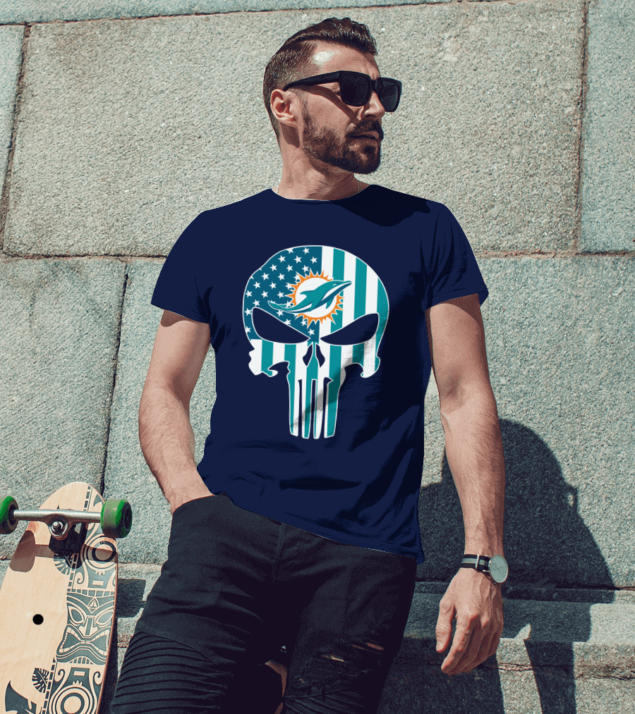Miami Dolphins The Punisher American Flag Skulls T-Shirt