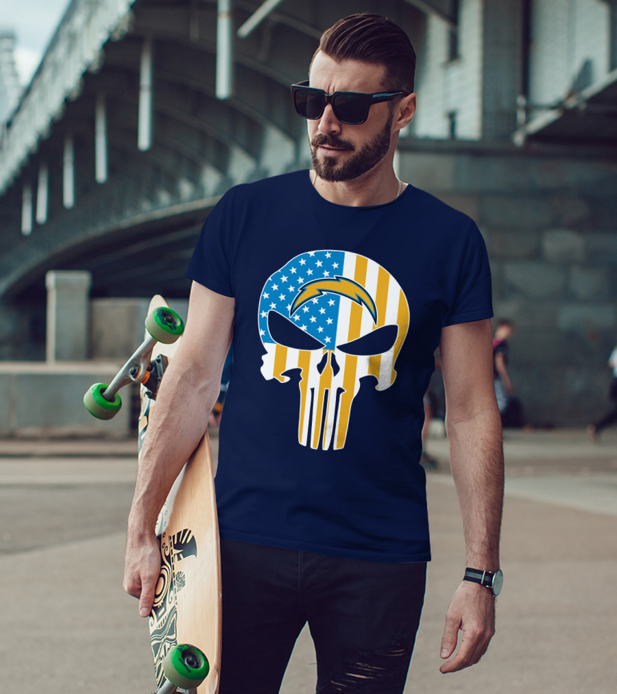 Los Angeles Chargers Skull Punisher American Flag T-Shirt