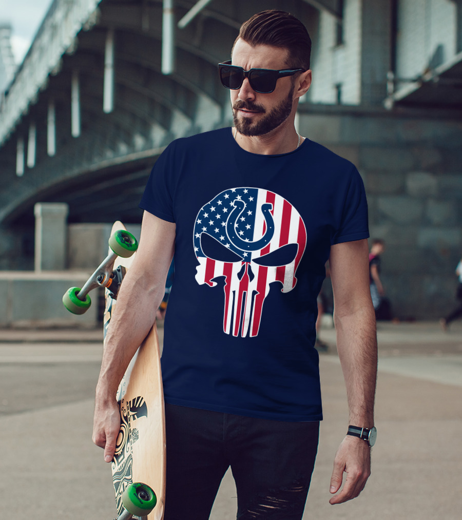 Indianapolis Colts The Punisher Skull American Flag Colts Horseshoe T-Shirt