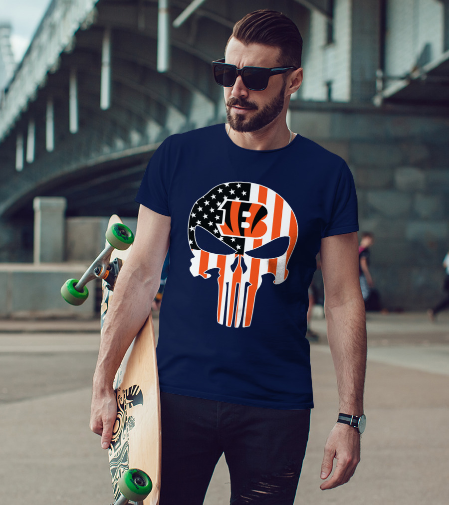 Cincinnati Bengals Skull Logo American Flag T-Shirt