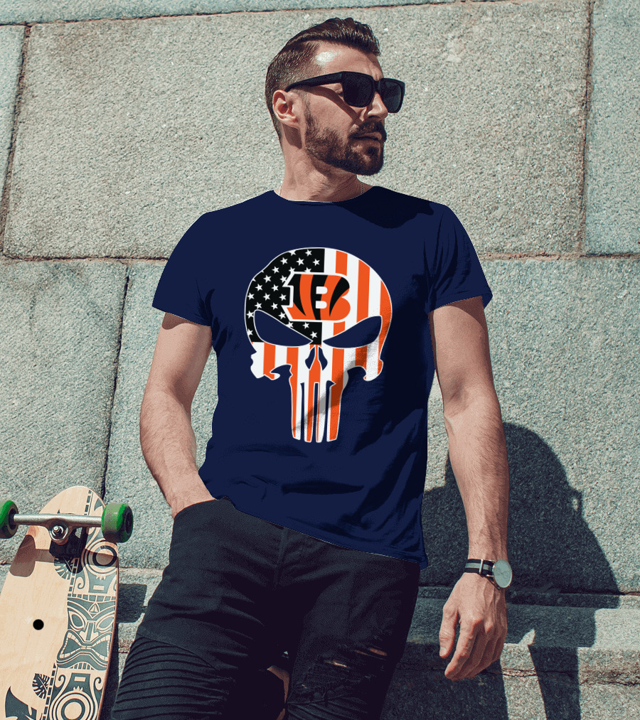 Cincinnati Bengals Skull Logo American Flag T-Shirt