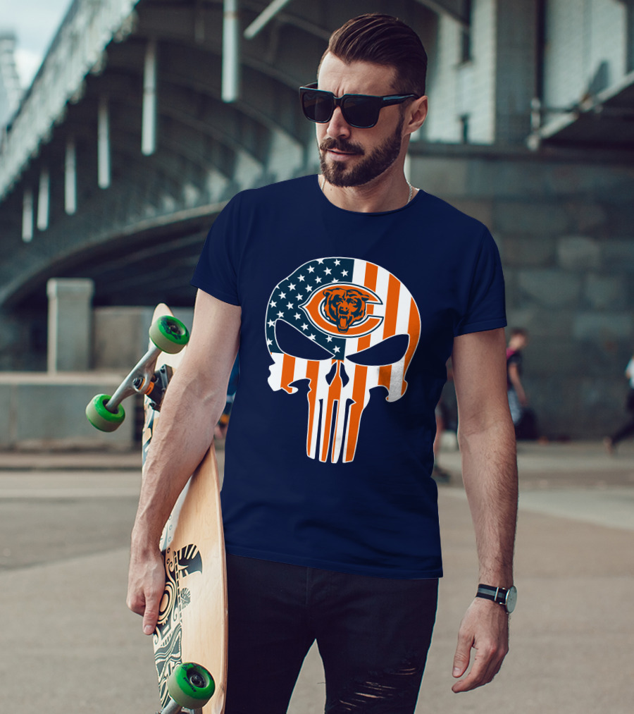 Chicago Bears The Punisher Skull American Flag T-Shirt