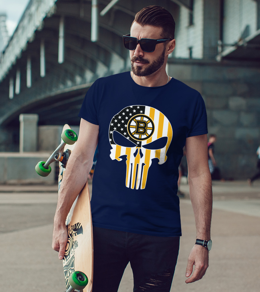 Boston Bruins The Punisher American Flag Skull T-Shirt