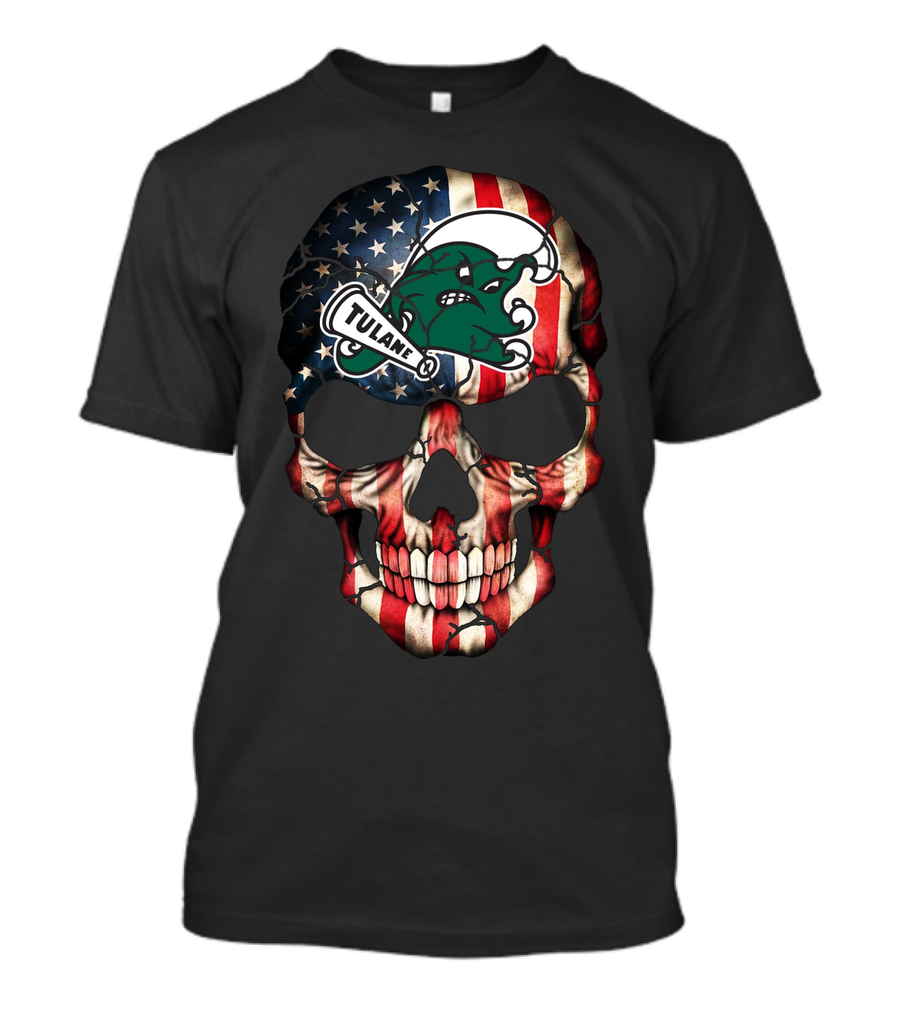 Patriotic Skull With Tulane Green Wave Logo On American Flag Style T-Shirt