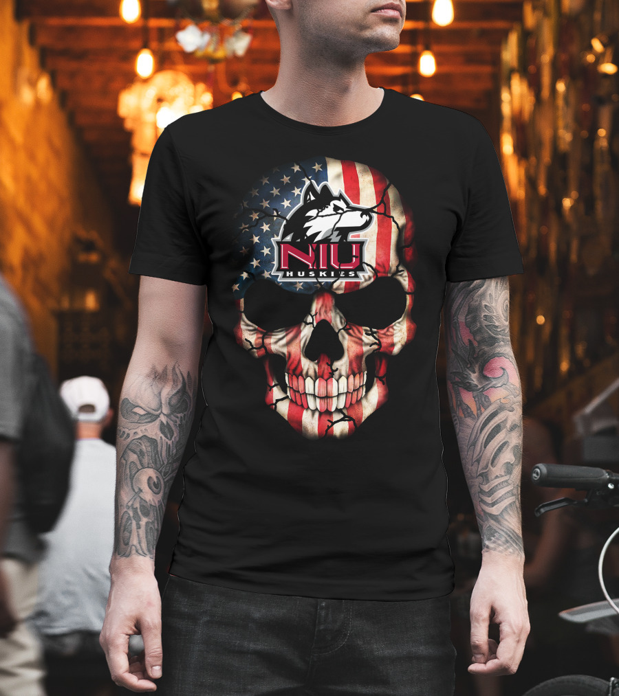 Niu Huskies American Flag Skull T-Shirt