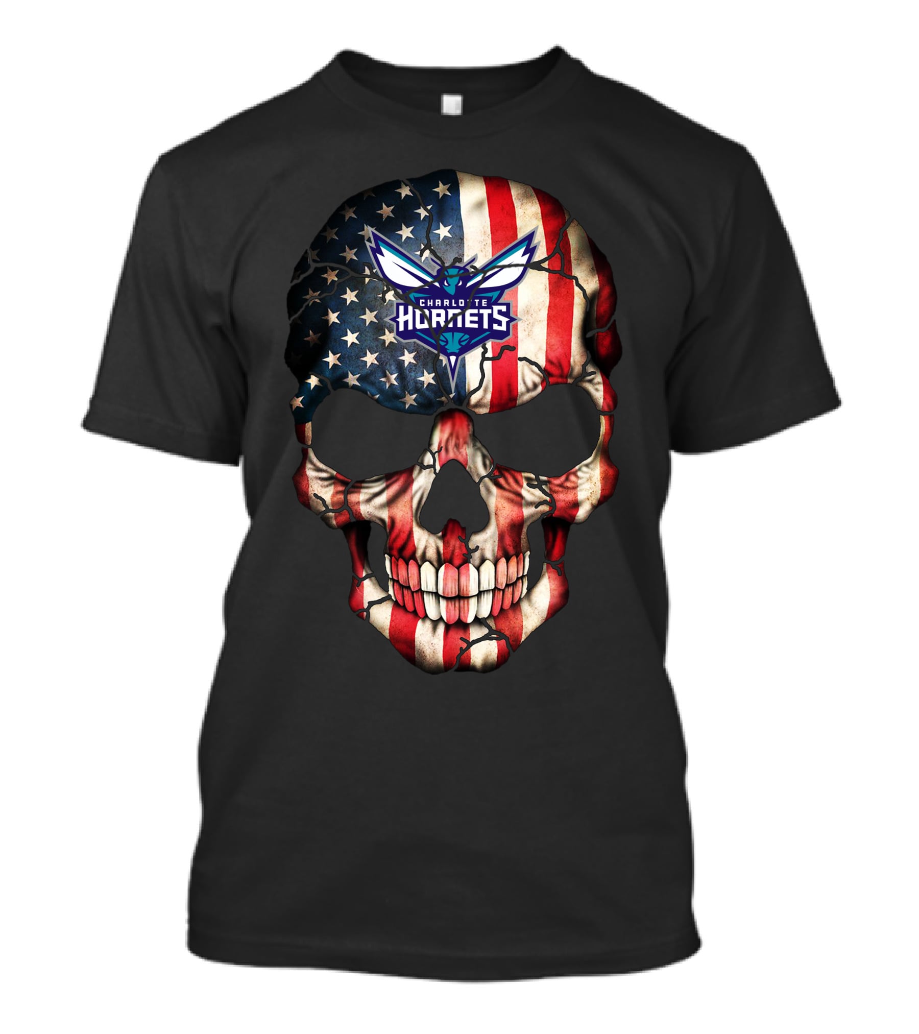 Charlotte Hornets American Flag Skull 211 T-Shirt