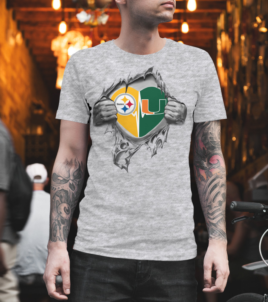 Steelers Miami Hurricanes Heart With Team Logos And Torn Metal Effect T-Shirt