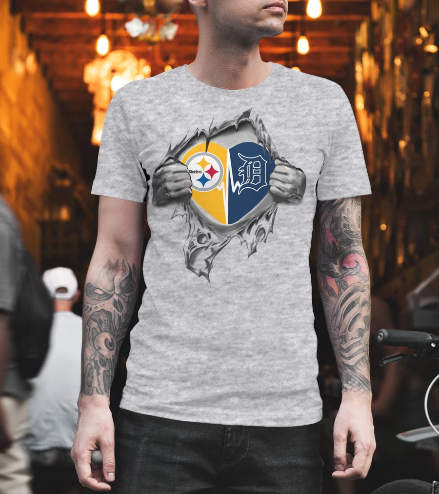 Steelers Detroit Tigers Heart With Logos And Ripped T-Shirt