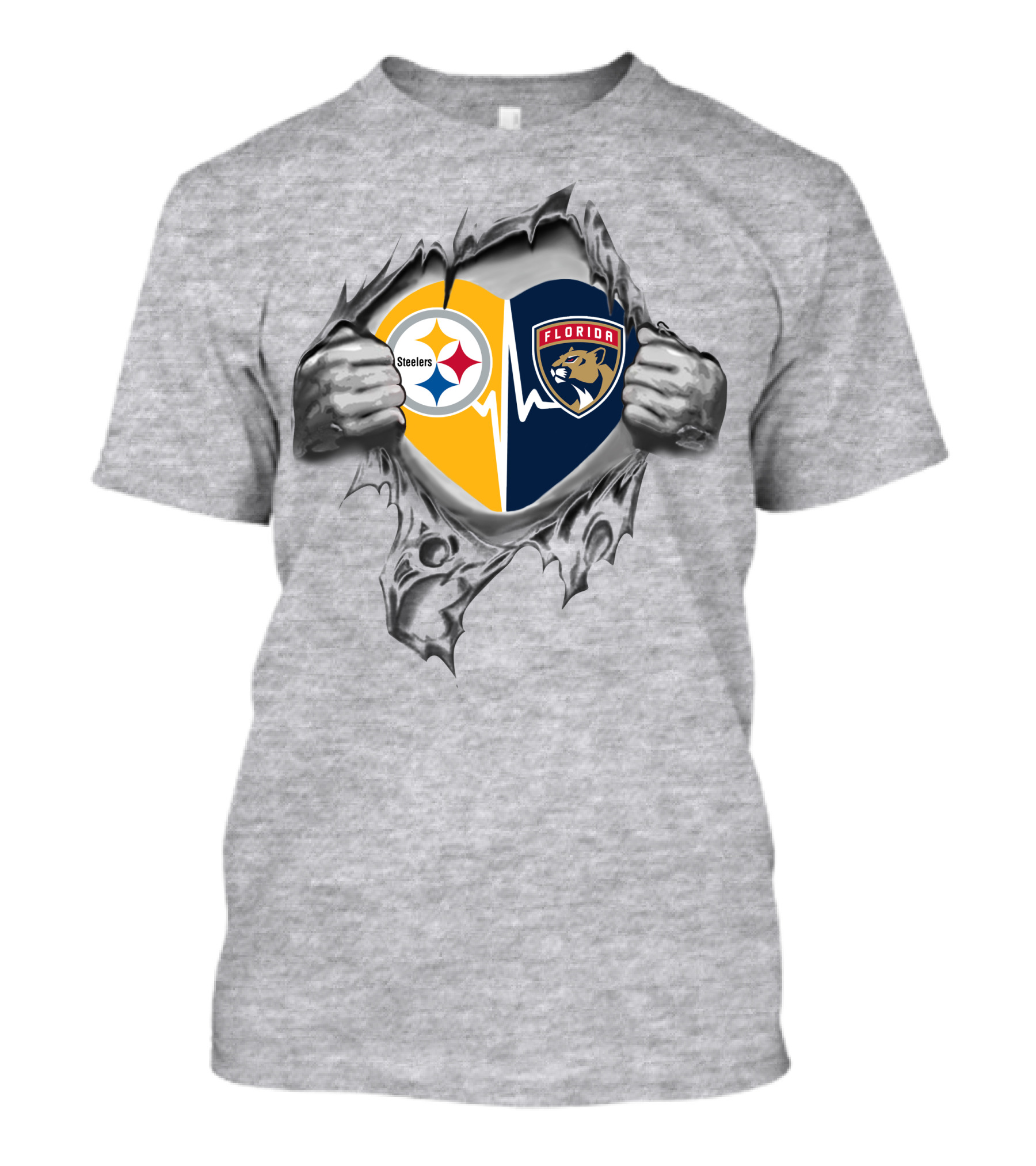 Steelers Florida Panthers Heartbeat Emblem With Open Hands Rip T-Shirt