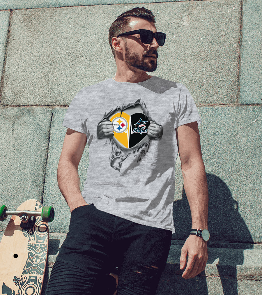 Steelers Miami Marlins Heart Logo Tear T-Shirt