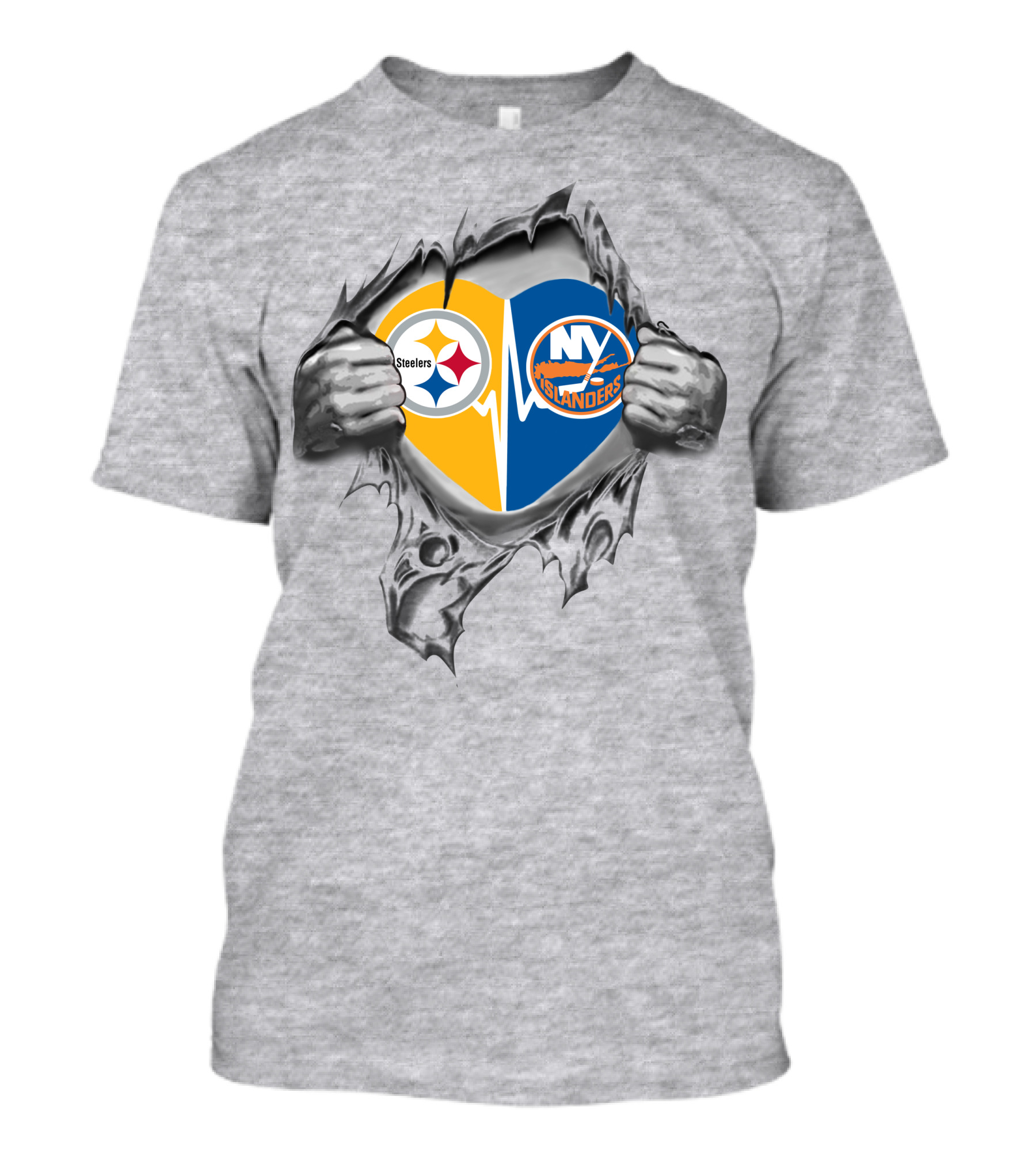 Steelers New York Islanders Heart Design With Logos And Hands T-Shirt