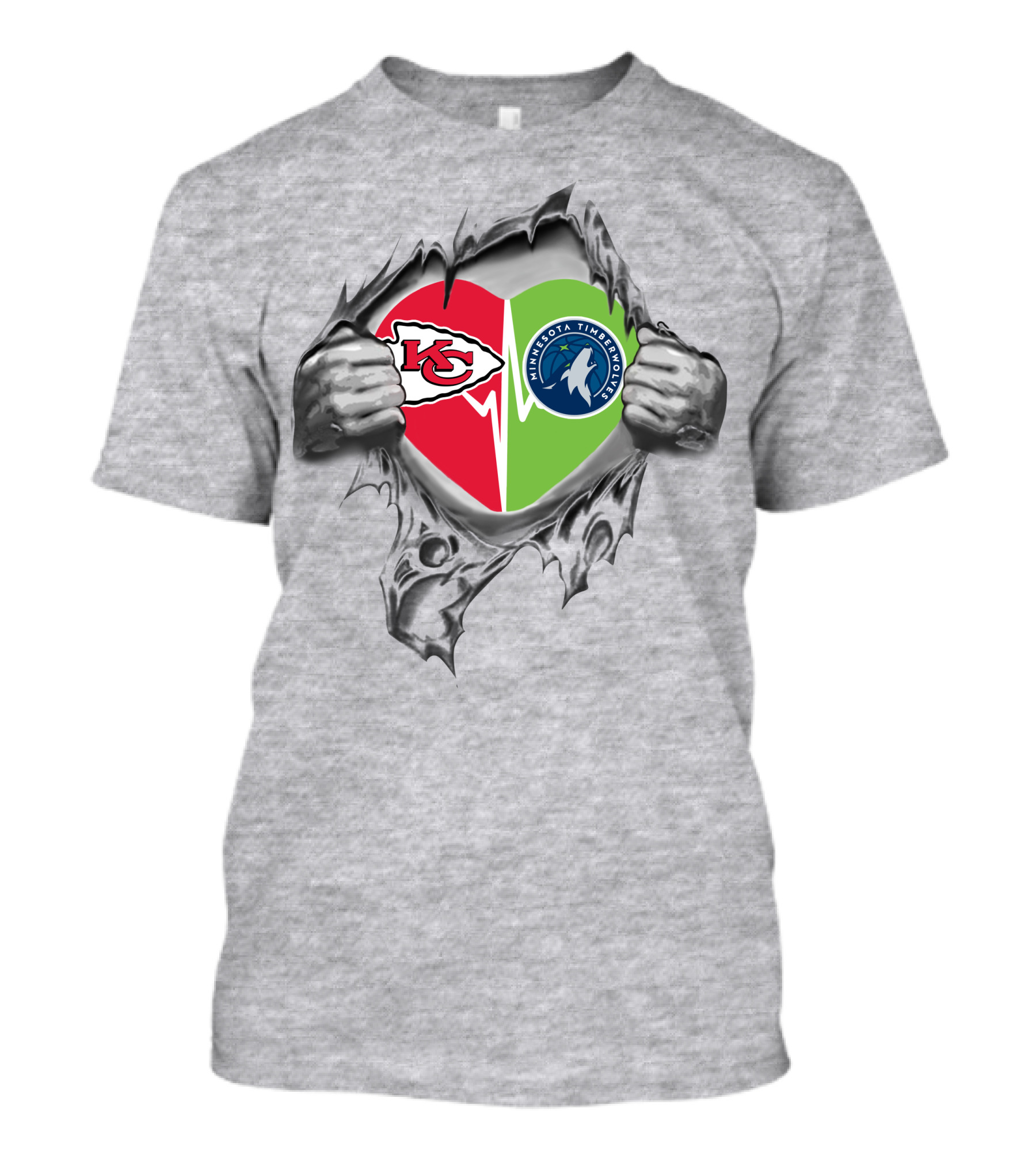 Chiefs Minnesota Timberwolves Heart Design With Logos And Hand Ripping Effect T-Shirt