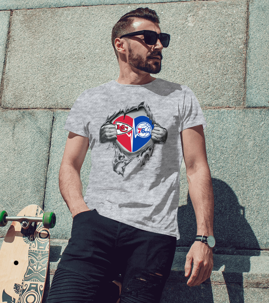 Chiefs Philadelphia 76ers Heart Torn Design Featuring Nfl And Nba Logos T-Shirt