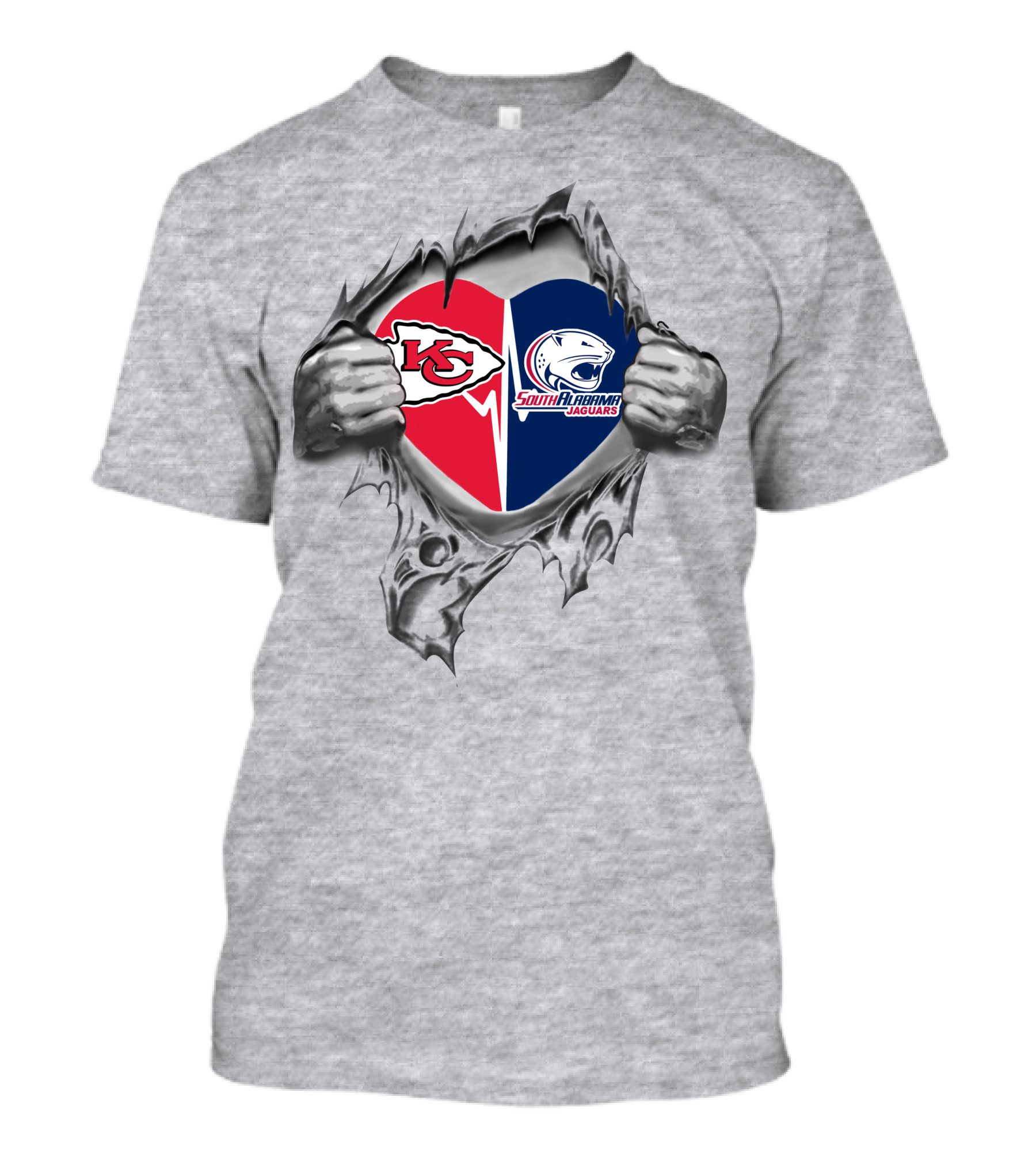 Chiefs South Alabama Jaguars Heart Logos Peeling Effect T-Shirt