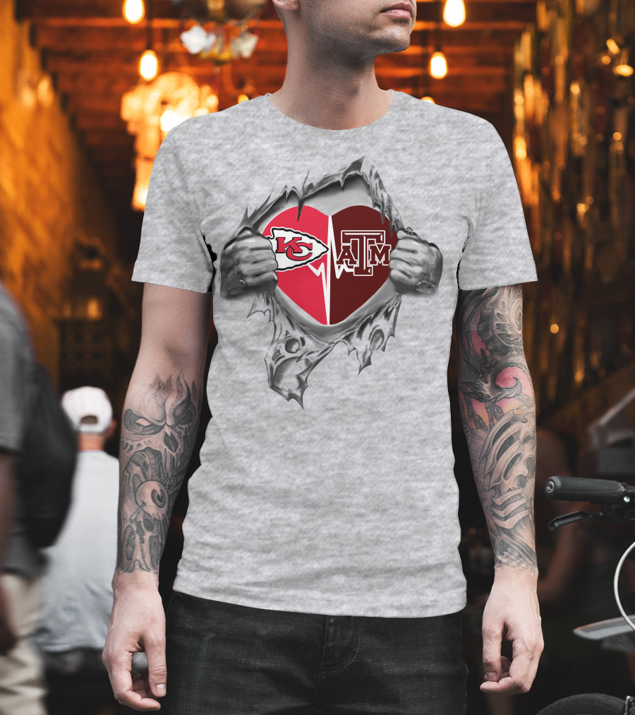 Chiefs Texas A&M Aggies Heart Logos Inside Torn T-Shirt