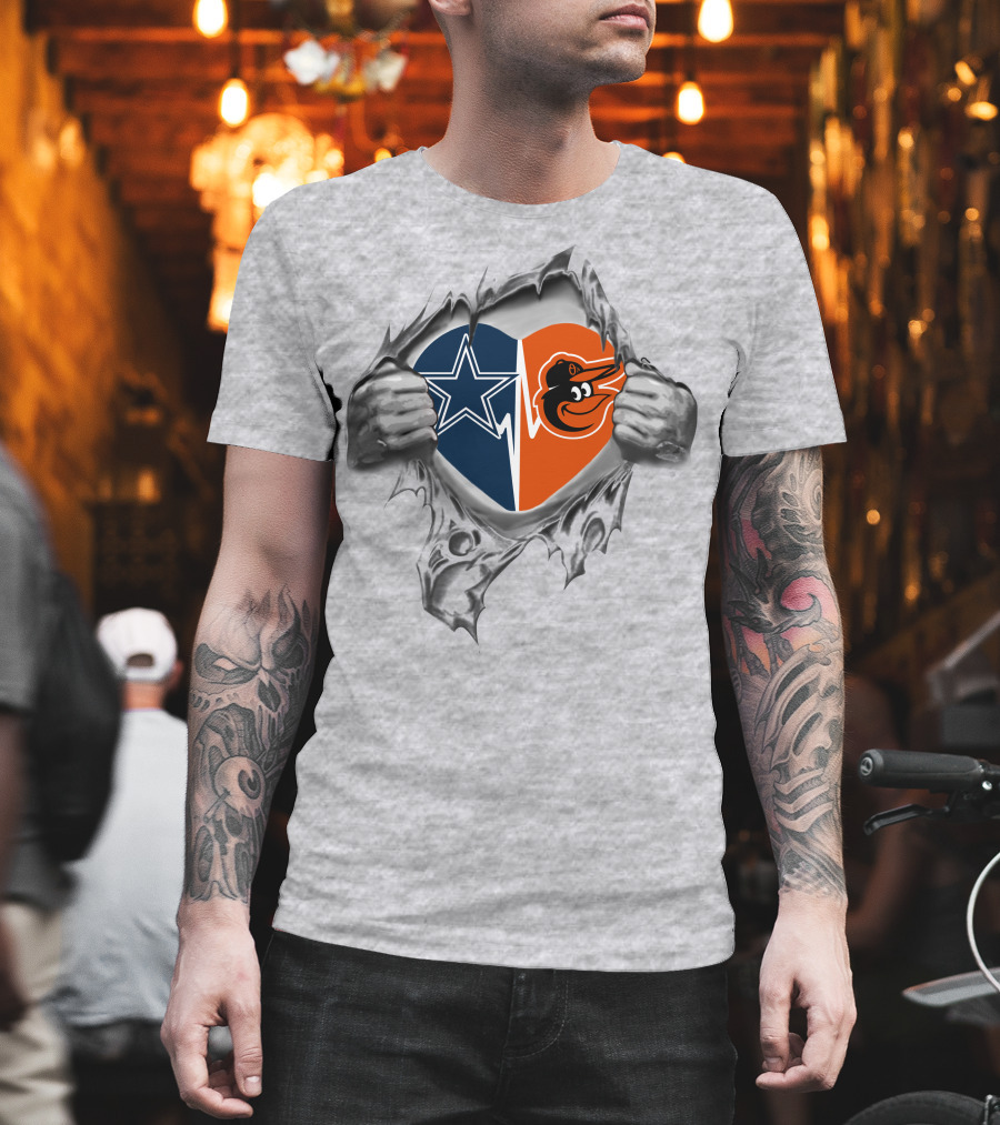 Cowboys Baltimore Orioles Heart Symbol With Hands Peeling Open T-Shirt