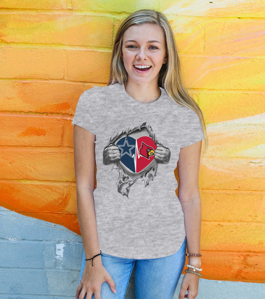 Cowboys And Louisville Cardinals Heart Design With Star And Cardinal Logos T-Shirt