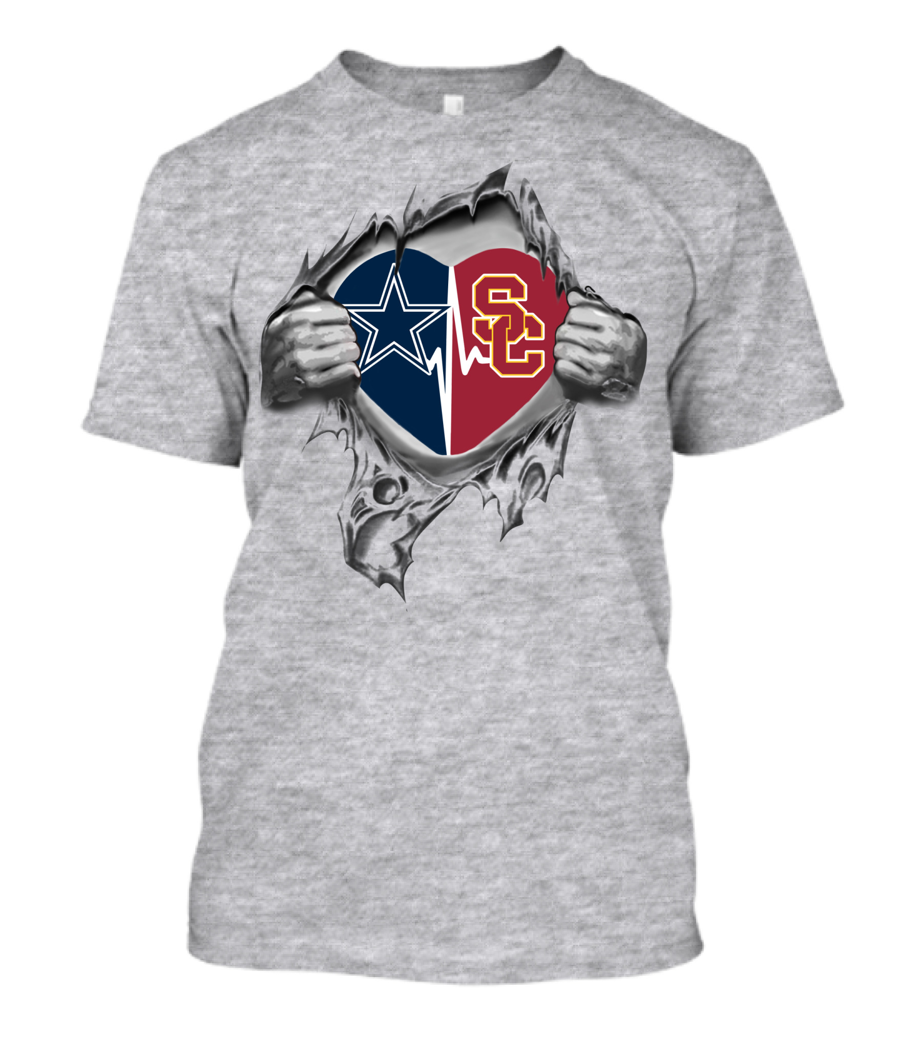 Cowboys And Usc Trojans Heartbeat Passion Dual Fans T-Shirt