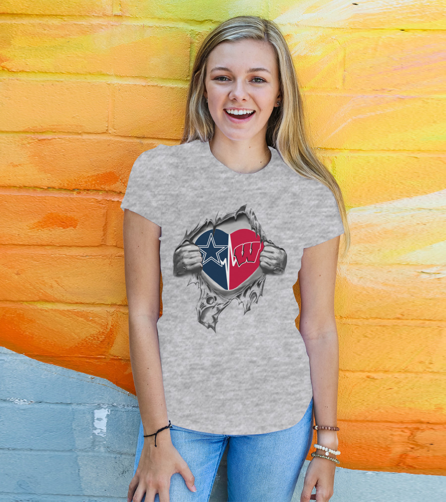 Dallas Cowboys Wisconsin Badgers Heart Tear T-Shirt