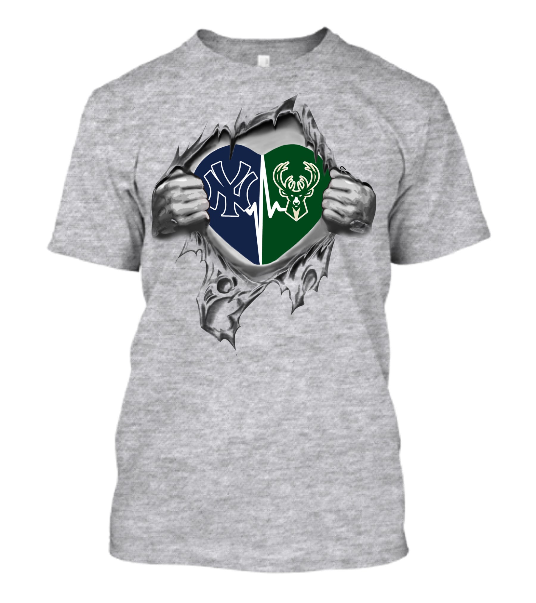 Yankees Milwaukee Bucks Heart Design Dual Sports Loyalty T-Shirt