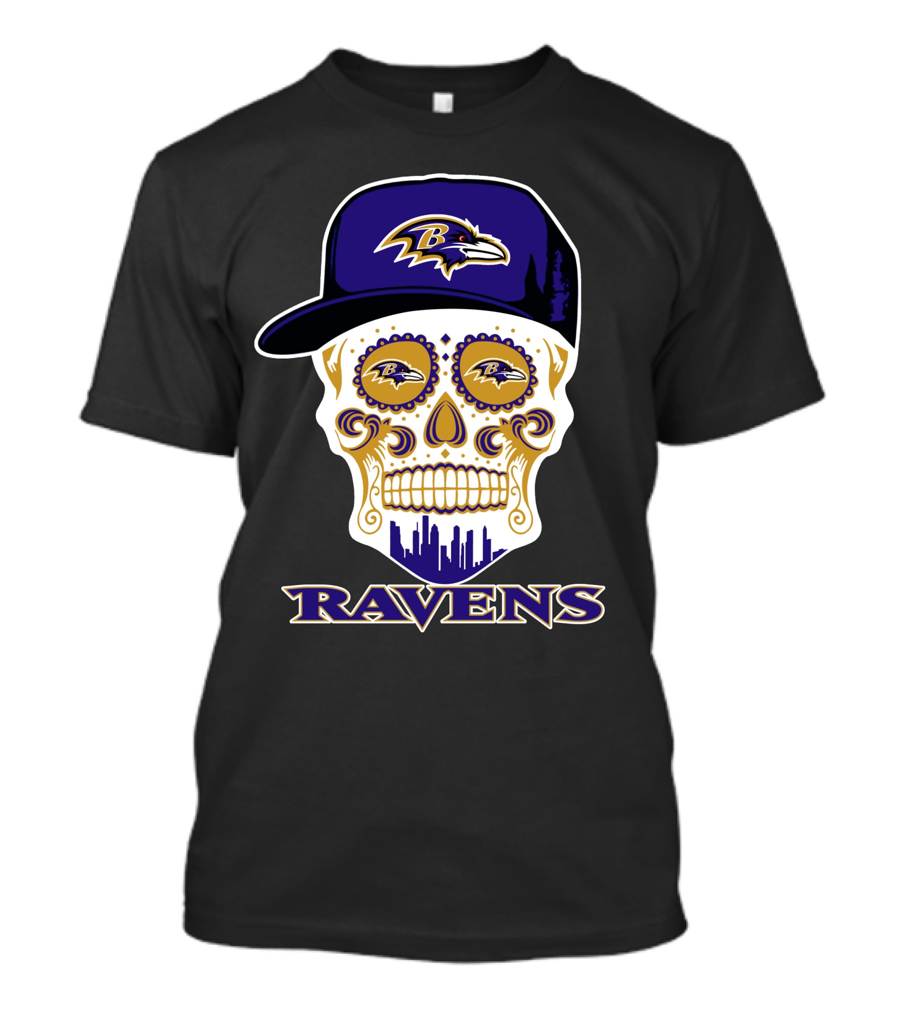 Baltimore Ravens Skull With Cap And Logo Elements T-Shirt