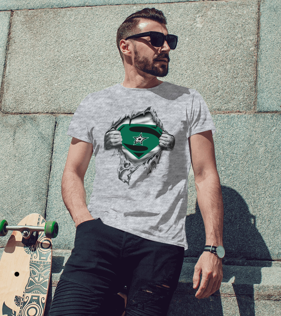 Dallas Stars Superman Logo Teal S On Steel Texture T-Shirt