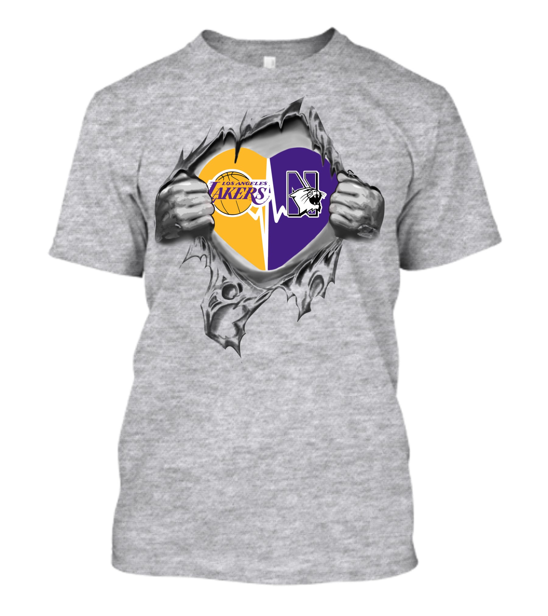 Los Angeles Lakers Northwestern Wildcats Heartbeat Hands Peeling T-Shirt